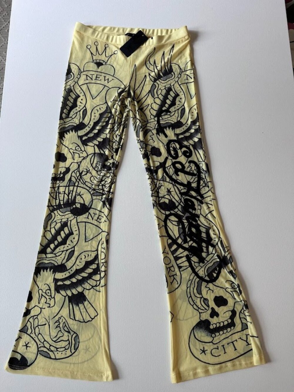 NWT Ed Hardy Mesh Flare Pants Tattoo Print Skull Eagle Y2K Sheer Key Lime M